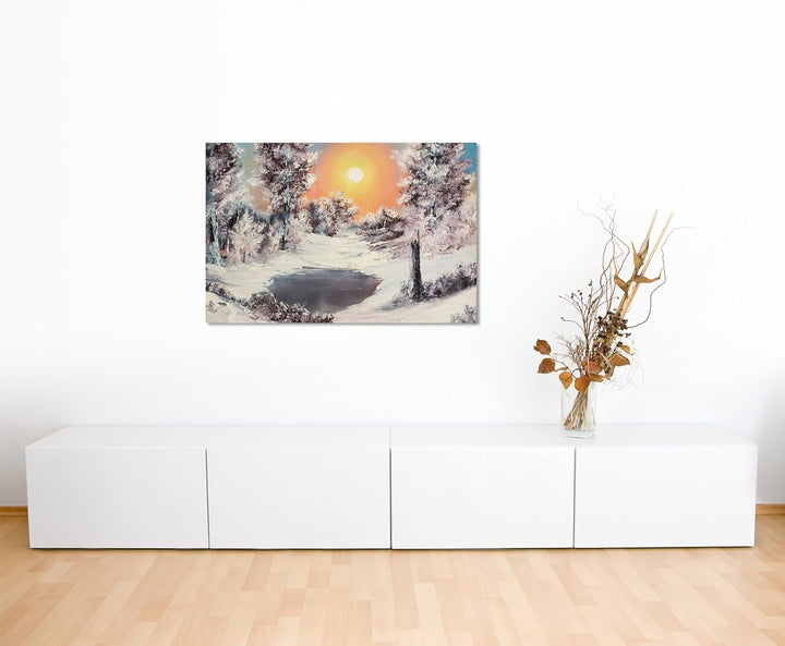 Paul Sinus Art Fotoleinwand 90x60cm Malerische Winterlandschaft am See auf Leinwand Exklusives Wandb