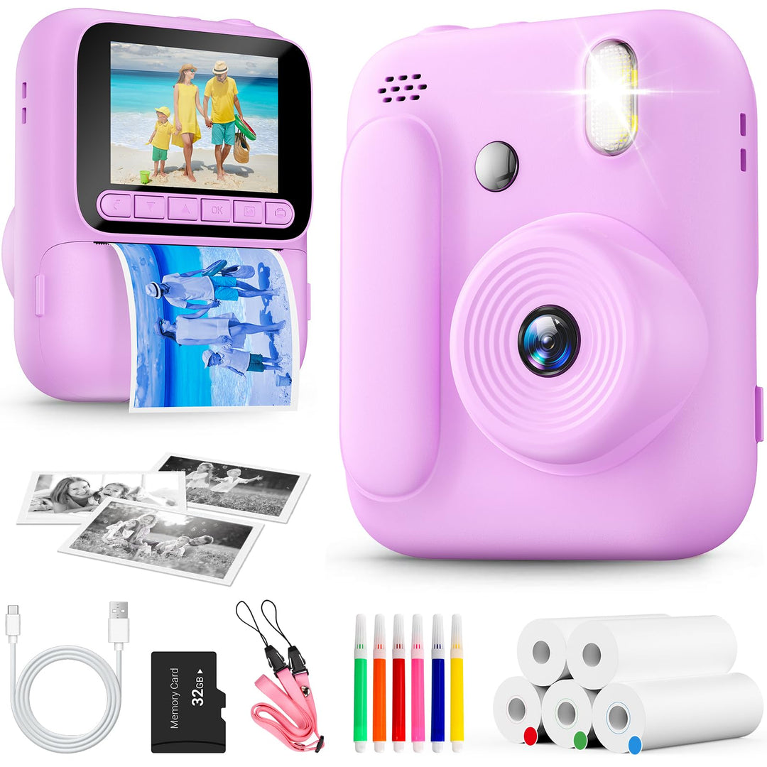 Sofortbildkamera für Kinder, 1080P Kinderkamera mit 5 Rollen Druckpapier, 32GB-Karte und Farbstiften