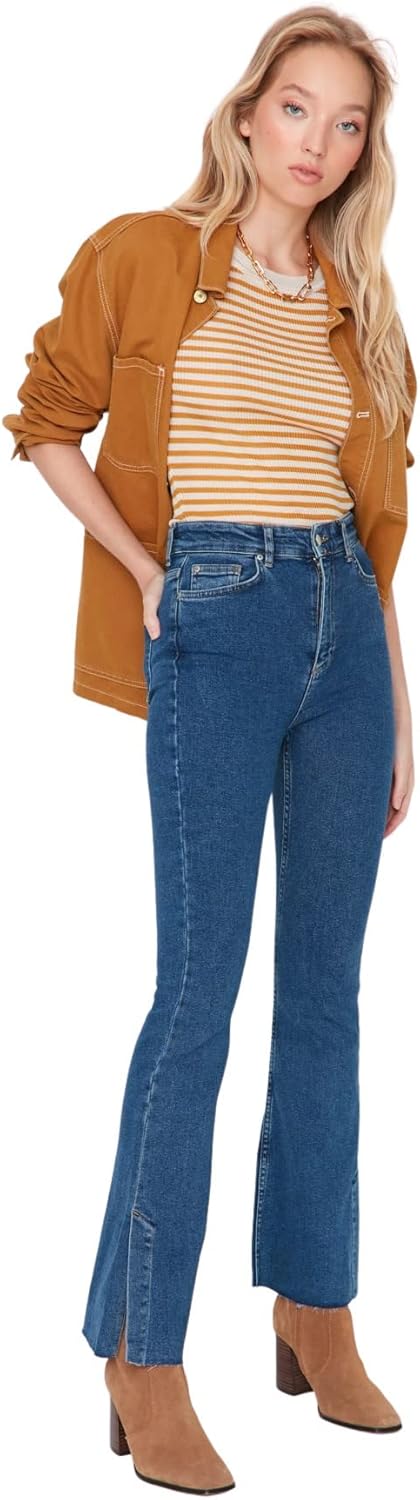 TRENDYOL Damen Herren Hoher Bund Flared Jeans 38 Navy Blue, 38 Navy Blue
