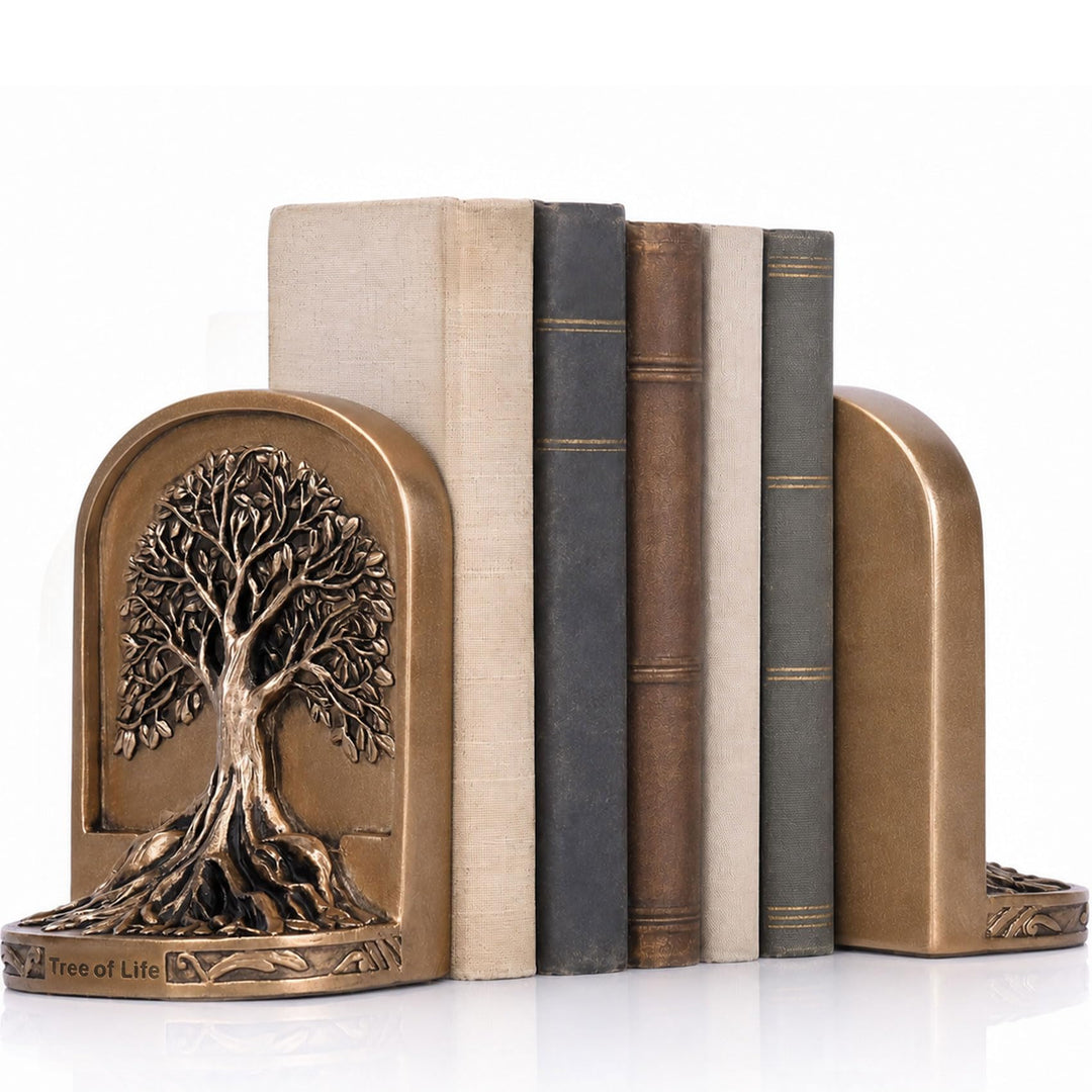 Schwere Buchstützen Baum des Lebens aus Kunstharz - 2er Set in bronzefarbener Optik mit Rutschfester
