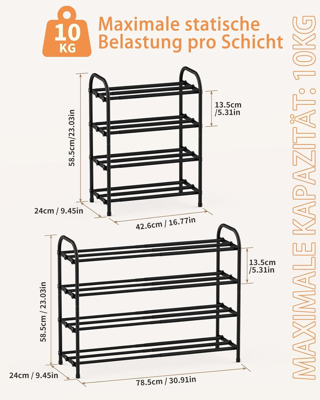 Anhow Ausziehbares Schuhregal, 4 Ebenen Adjustable Schuhregal Metall 43 to 78cm, Standregal Schmal S