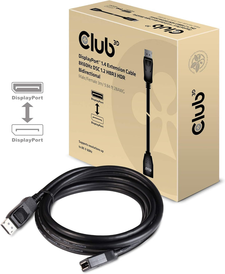 Club 3D DisplayPort 1.4 Verlängerungskabel 8K60Hz DSC1.2 HBR3 HDR Bidirektional Stecker/Buchse 3m