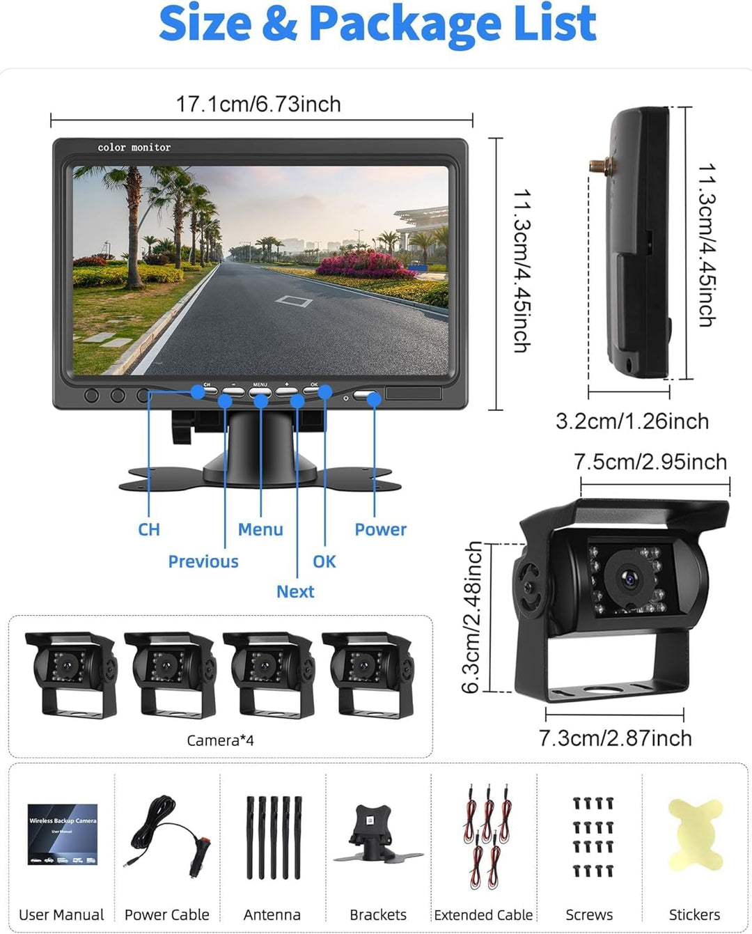 1080P Kabelloses Rückfahrkamerasystem für Wohnmobile, 7-Zoll-Rückfahrkameramonitor für 4 Kanäle mit