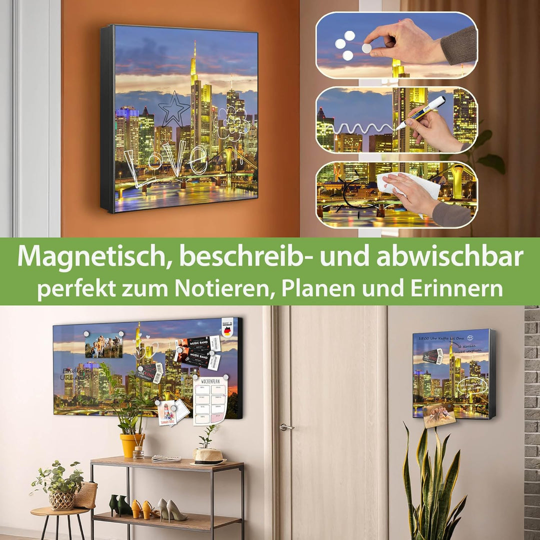 banjado® Grosser Schlüsselkasten Glas/Schlüsselbox 30cm x 30cm mit 50 Haken - Motiv Frankfurt Main/S
