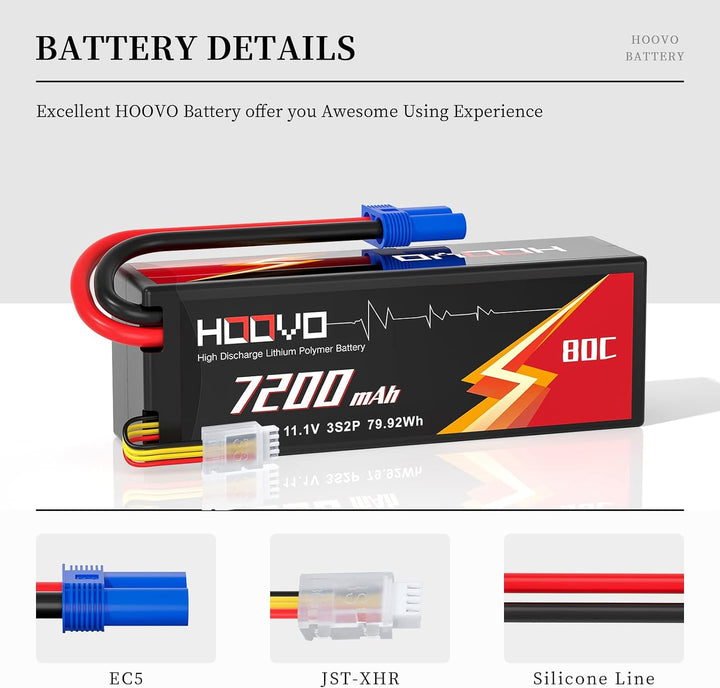 HOOVO 11.1V Lipo Akku 3S 7200mAh 80C Hard Case Akku mit EC5 Anschlussstecker für RC 1/8 1/10 Scale F