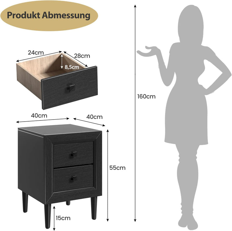 COSTWAY Nachttisch Holz, Kleiner Beistelltisch mit 2 Schubladen, Nachtkonsole modern, Nachtkommode,