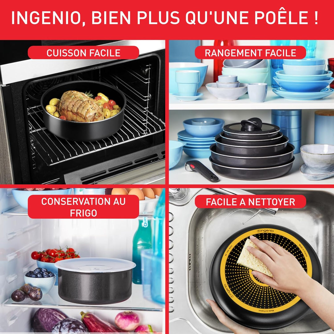 Tefal Ingenio Easy On Pfannen-Set, 2-teilig, 22/28 cm + 2 Stielkasserolle 16/20 cm + abnehmbarer Gri