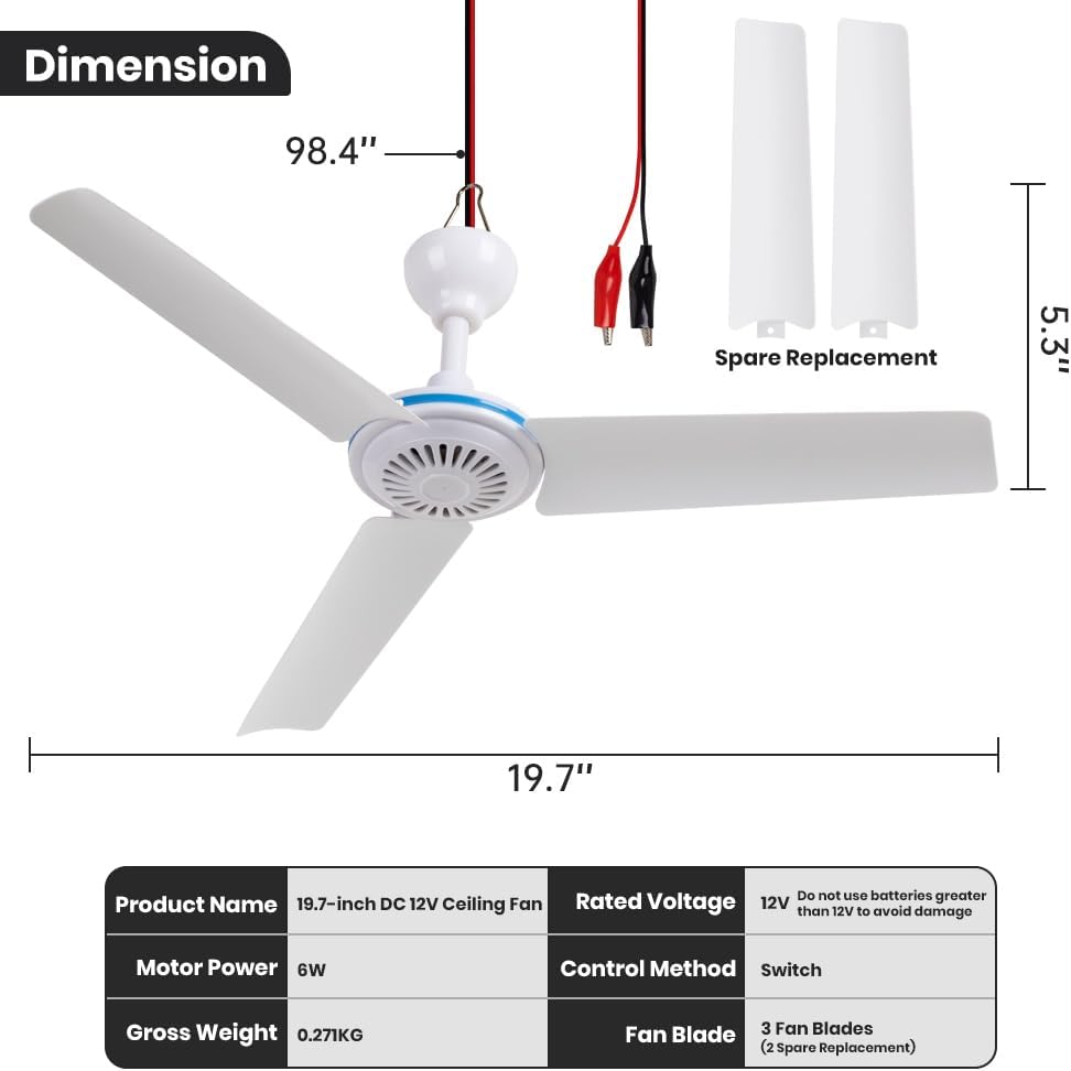 DC 12V Tragbarer Deckenventilator 19.7" Mini Hängender für Camping Zelt, Outdoor RV Pavillon - Batte