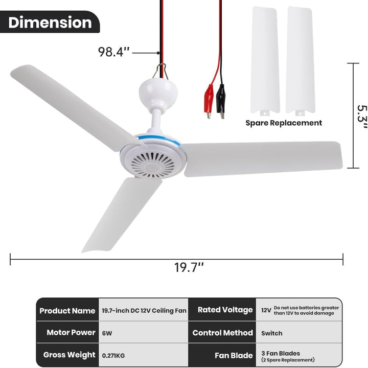 DC 12V Tragbarer Deckenventilator 19.7" Mini Hängender für Camping Zelt, Outdoor RV Pavillon - Batte