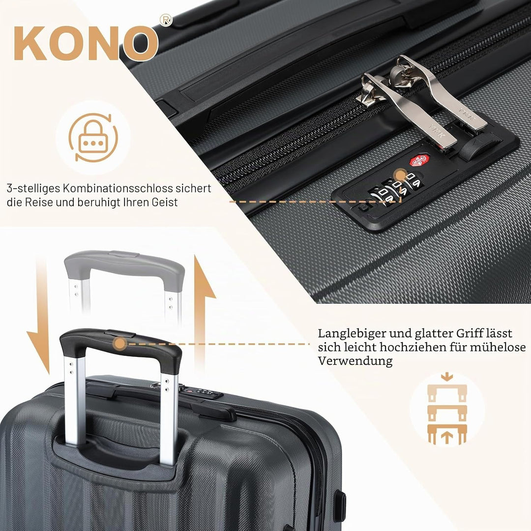 KONO Hartschale Gepäck Leichten ABS Reisekoffer Rollenkoffer 4 Rollen Grau L, Grau L