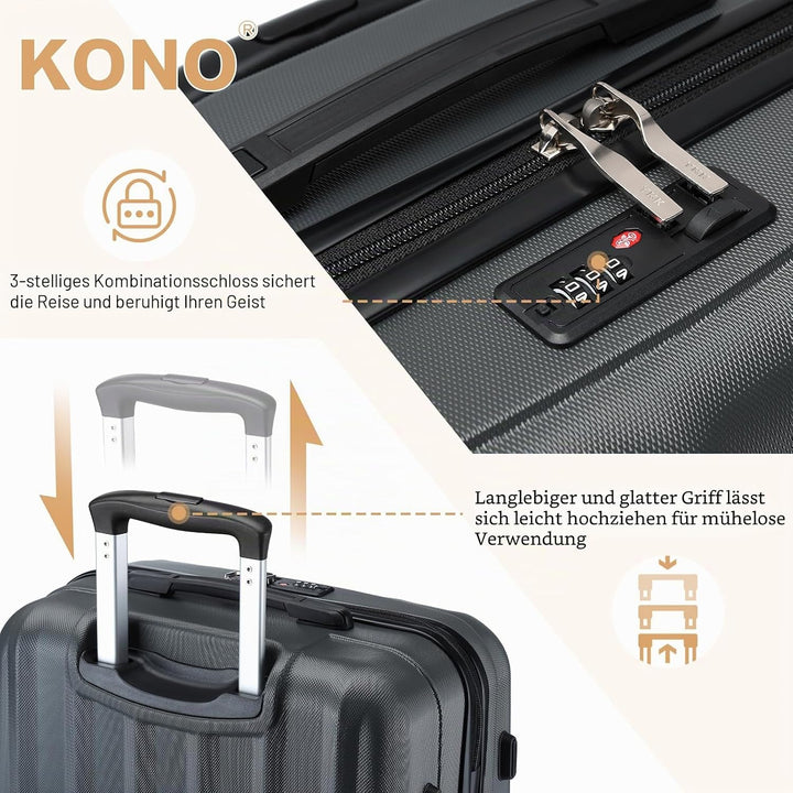 KONO Hartschale Gepäck Leichten ABS Reisekoffer Rollenkoffer 4 Rollen Grau L, Grau L