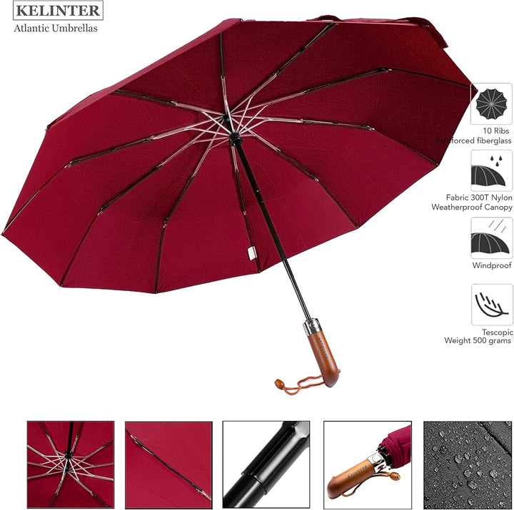 Regenschirm mit Holzgriff, Winddicht, zusammenklappbar, mit automatischem Öffnen und Schliessen, Tef