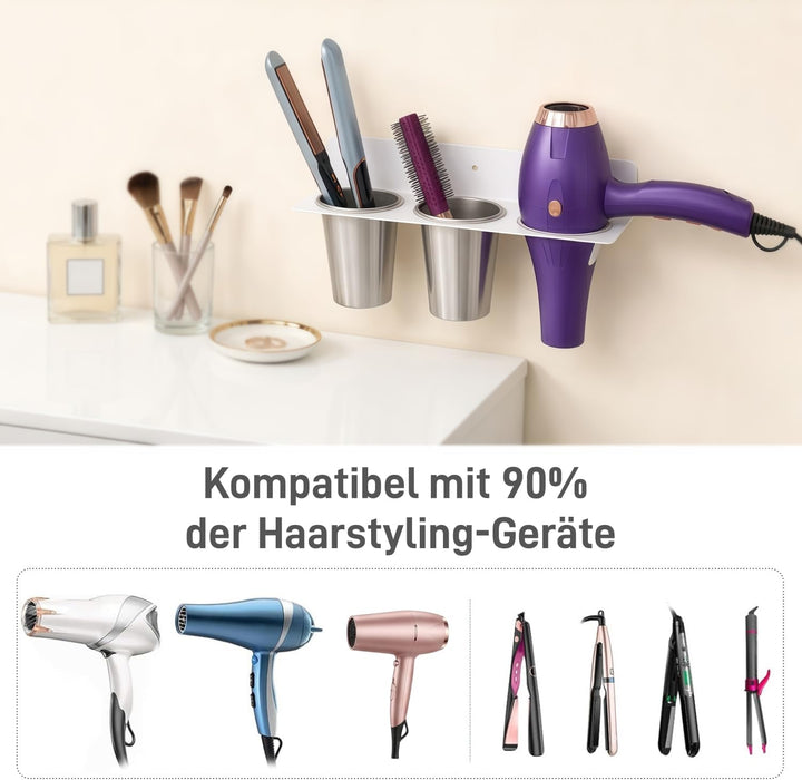 Föhn Halterung, 3 in 1 Fönhalter Ohne Bohren, Edelstahl Fönhalter Glätteisen Halterung für Föhn, Glä