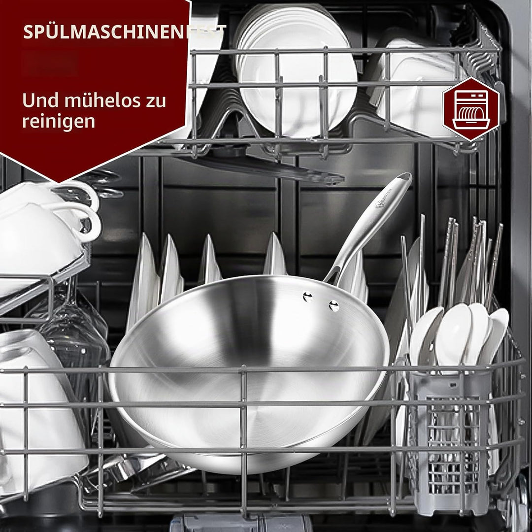 LOLYKITCH Wokpfanne Edelstahl 26 cm mit Deckel, Unbeschichtete Wok Pfanne für Induktion & Gasherd, E
