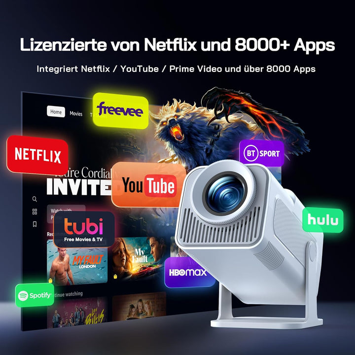 WOLFANG 4K Mini Beamer mit Offiziellem Netflix, 26000 Lumen WiFi 6 Smart Projektor mit 50% Zoom & Tr