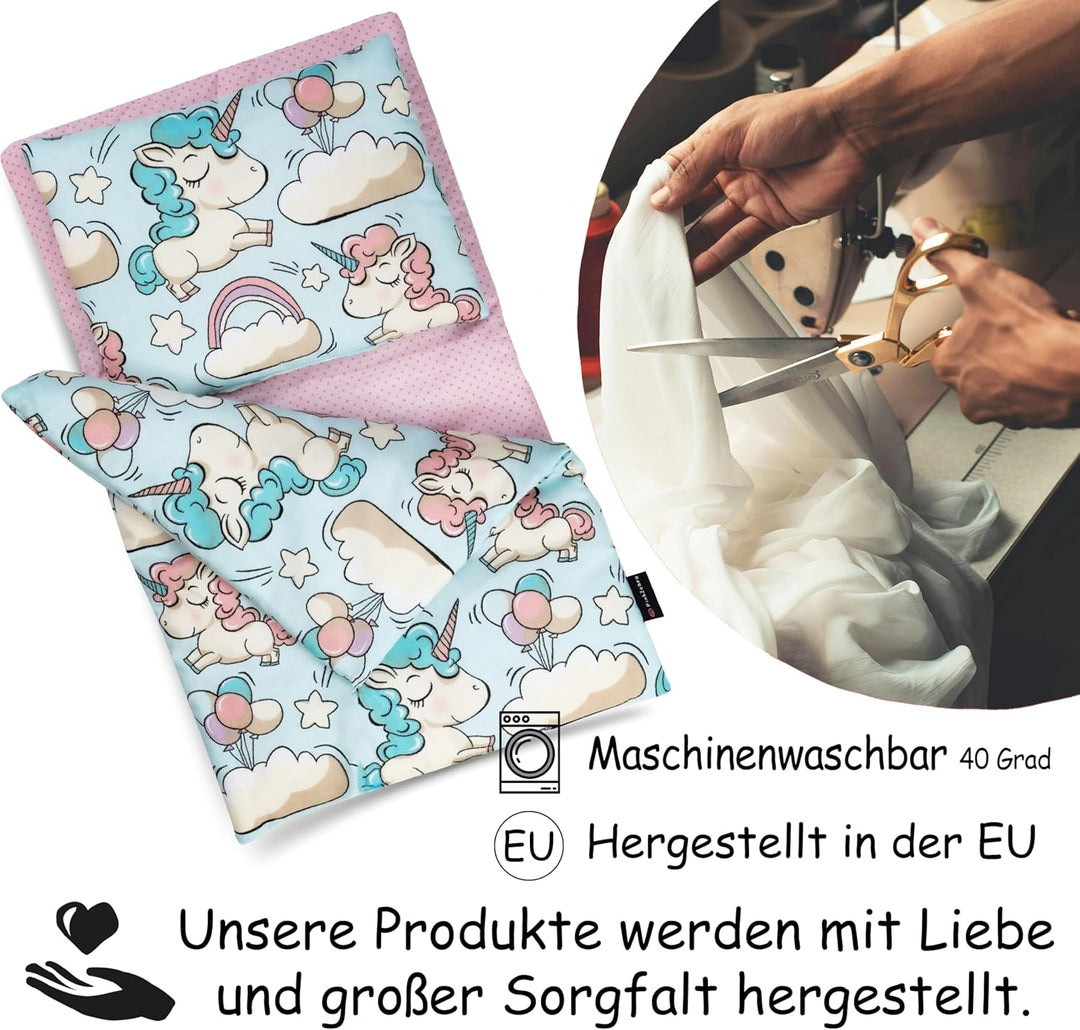 PinkZebra 3er Set Puppenbettwäsche für Puppen bis 43 cm, Puppenbettzeug 3-teilig, Decke + Kissen + M