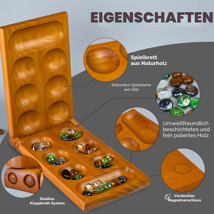 Mancala-Brettspiel mit Magnetverschluss – Klassisches Faltspiel für 2 Spieler – Mancala-Set aus Holz