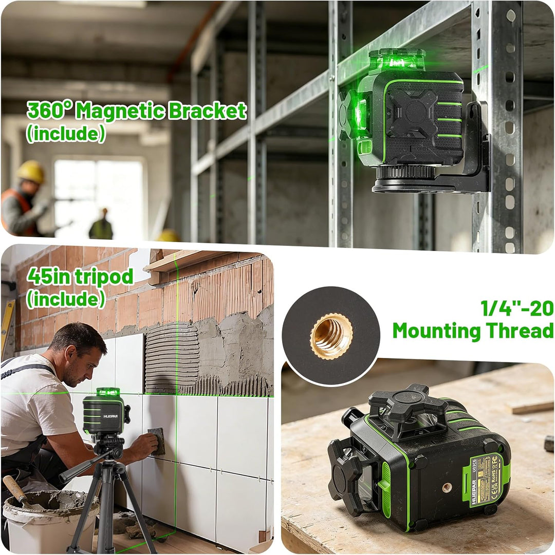 Huepar 1,5m Sturzfest 3x360° Grüner Kreuzlinienlaser Selbstnivellierend, 12 Linien mit Pulsmodus, Ma