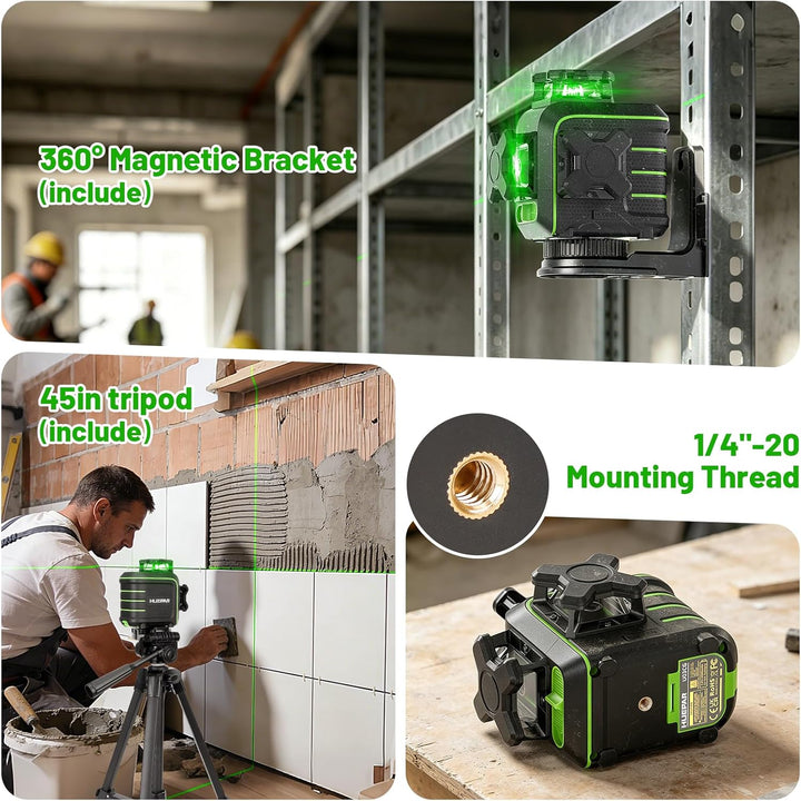 Huepar 1,5m Sturzfest 3x360° Grüner Kreuzlinienlaser Selbstnivellierend, 12 Linien mit Pulsmodus, Ma