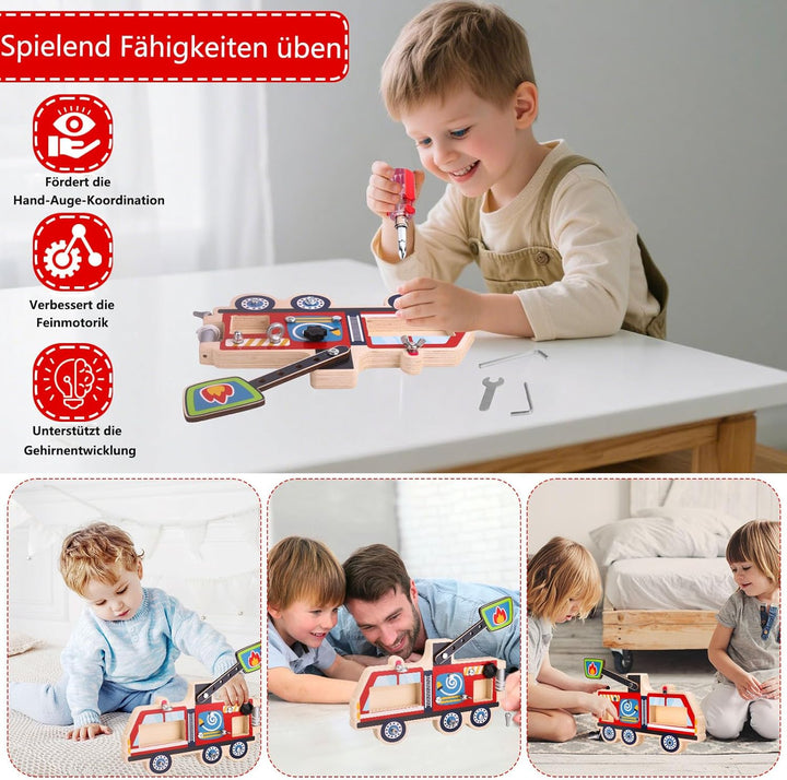 Feuerwehrauto Holzspielzeug mit Schrauben und Werkzeug - Montessori Lernspielzeug ab 3 Jahre - Motor