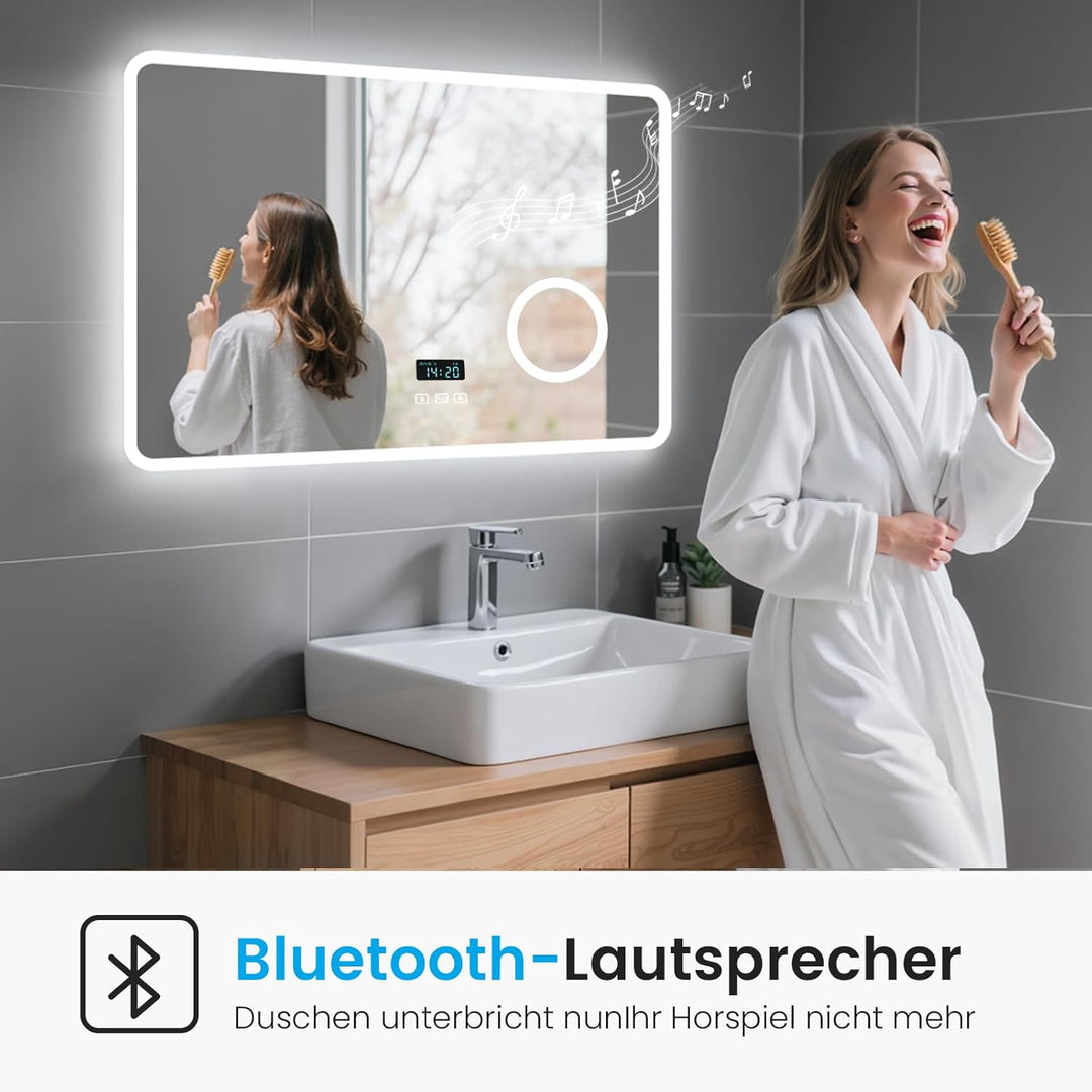 Heilmetz Bluetooth Badspiegel mit Beleuchtung 100x60cm, LED Badezimmerspiegel mit Licht, Uhr, 3 Lich