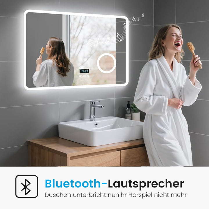 Heilmetz Bluetooth Badspiegel mit Beleuchtung 100x60cm, LED Badezimmerspiegel mit Licht, Uhr, 3 Lich