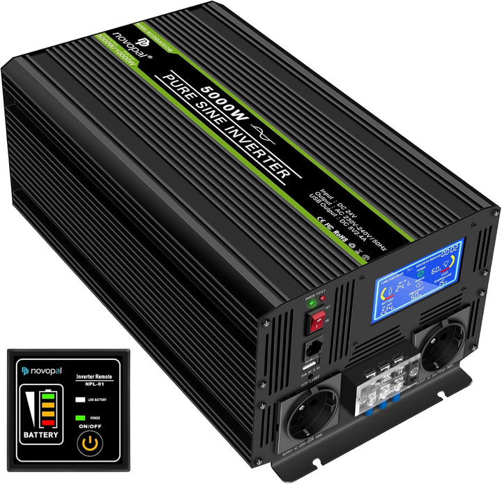 NOVOPAL 5000W KFZ Reiner Sinus Wechselrichter Spannungswandler 24V 230V mit LCD Display und 2 EU Ste
