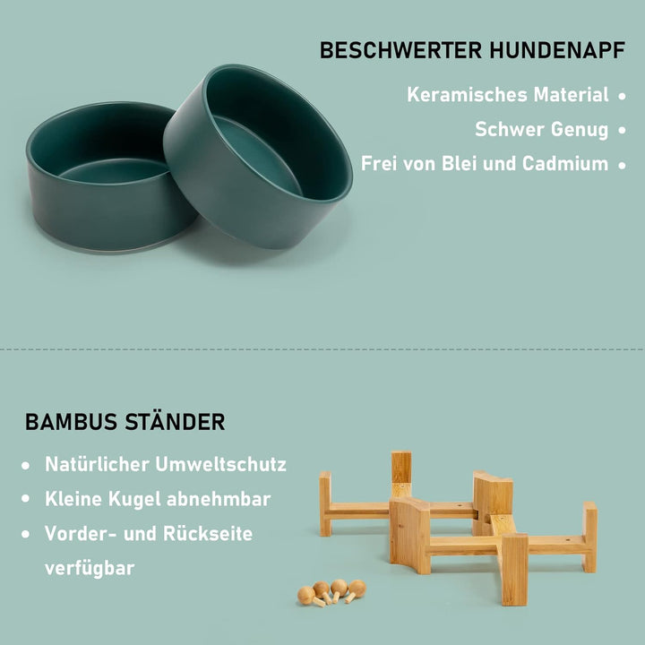 SPUNKYJUNKY Kippbarer Hundenapf Keramik Doppel Hund Futternapf mit Bambus Ständer 0° und 15° Neigung