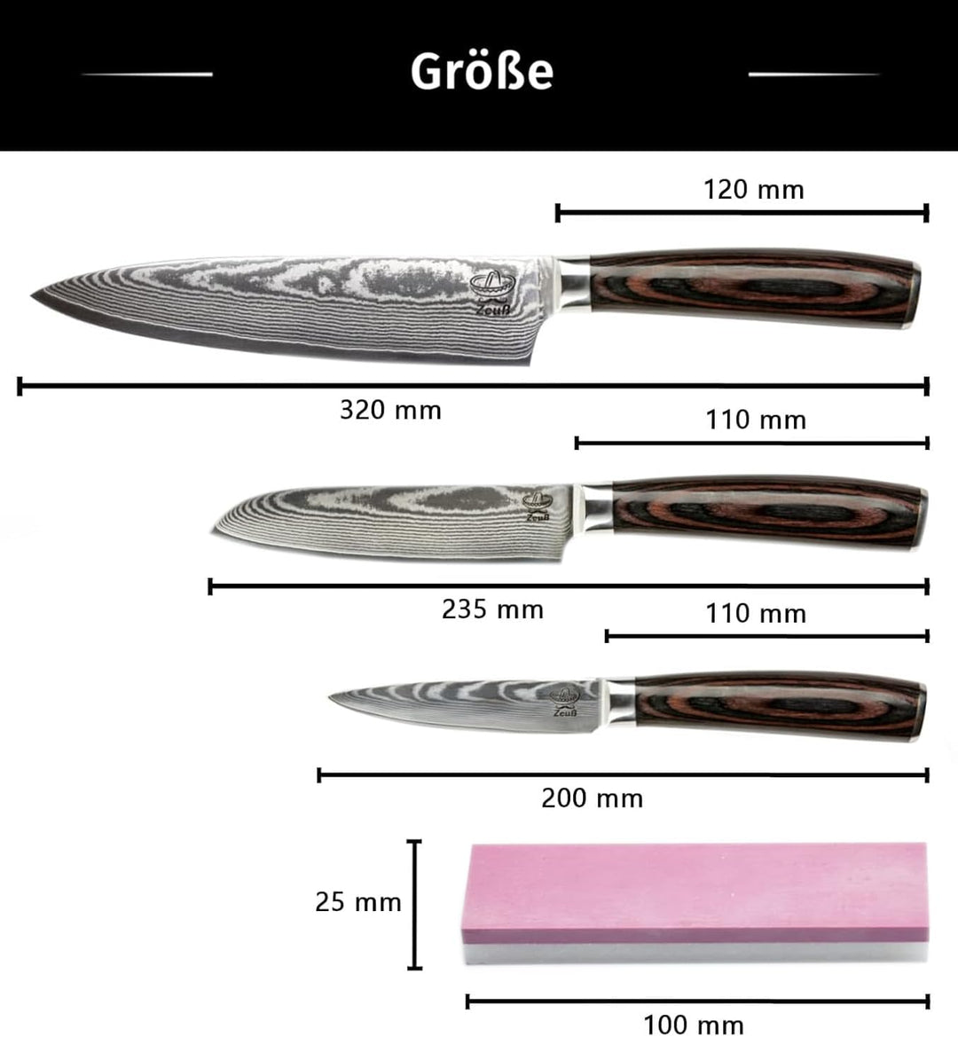 ZEUss Damastmesser-Set 3er (32 cm, 24 cm und 20cm) Profi-Damast-Küchenmesser Set aus 67 Lagen Damast