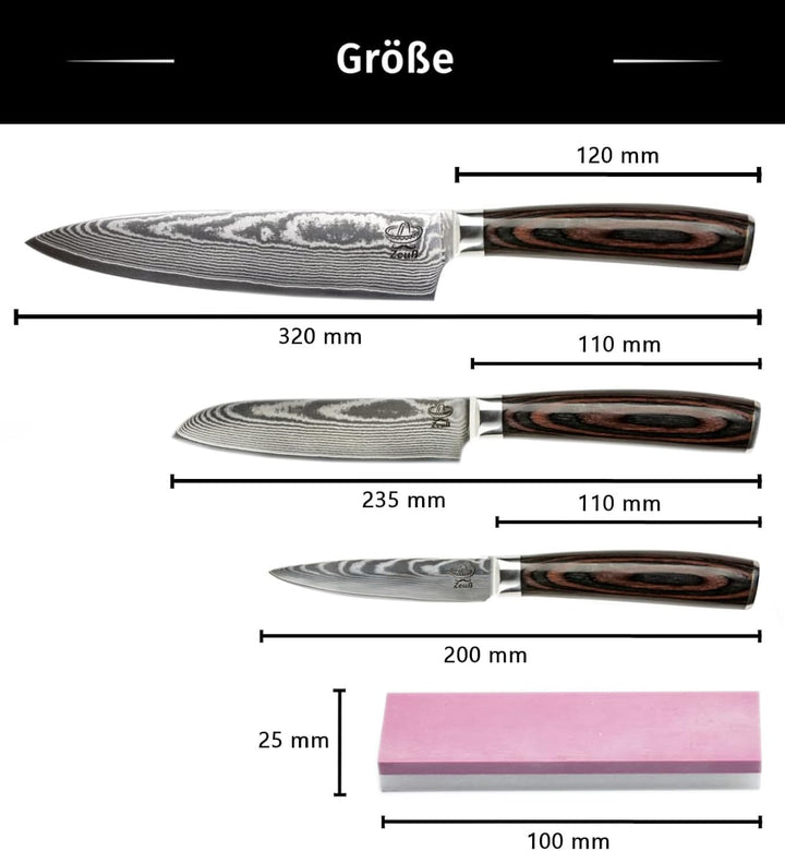 ZEUss Damastmesser-Set 3er (32 cm, 24 cm und 20cm) Profi-Damast-Küchenmesser Set aus 67 Lagen Damast