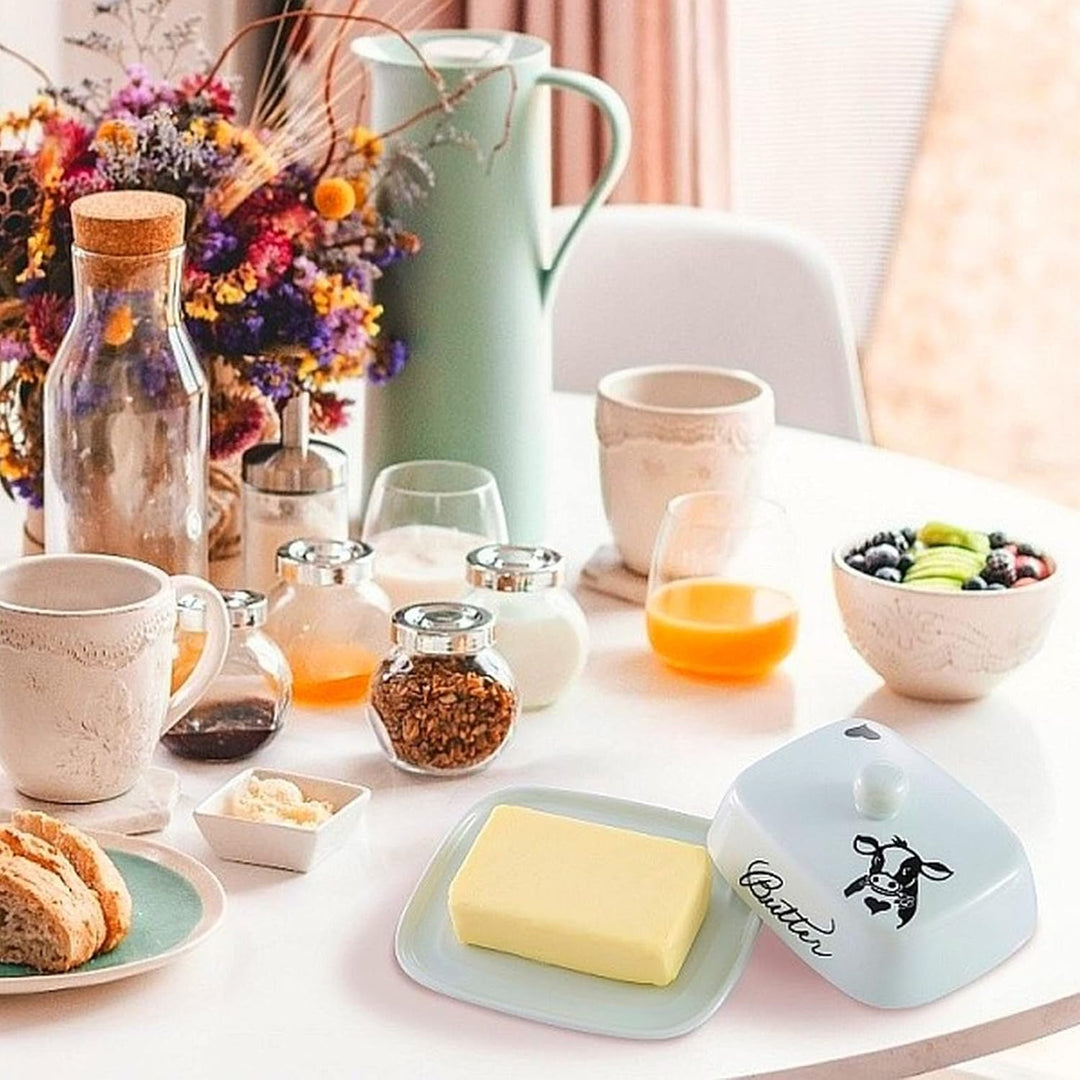 Butterdose mit Griff für 250g Butter, Hochwertige Keramik, Weiss mit Schwarzem Kuhkopfmuster, Porzel