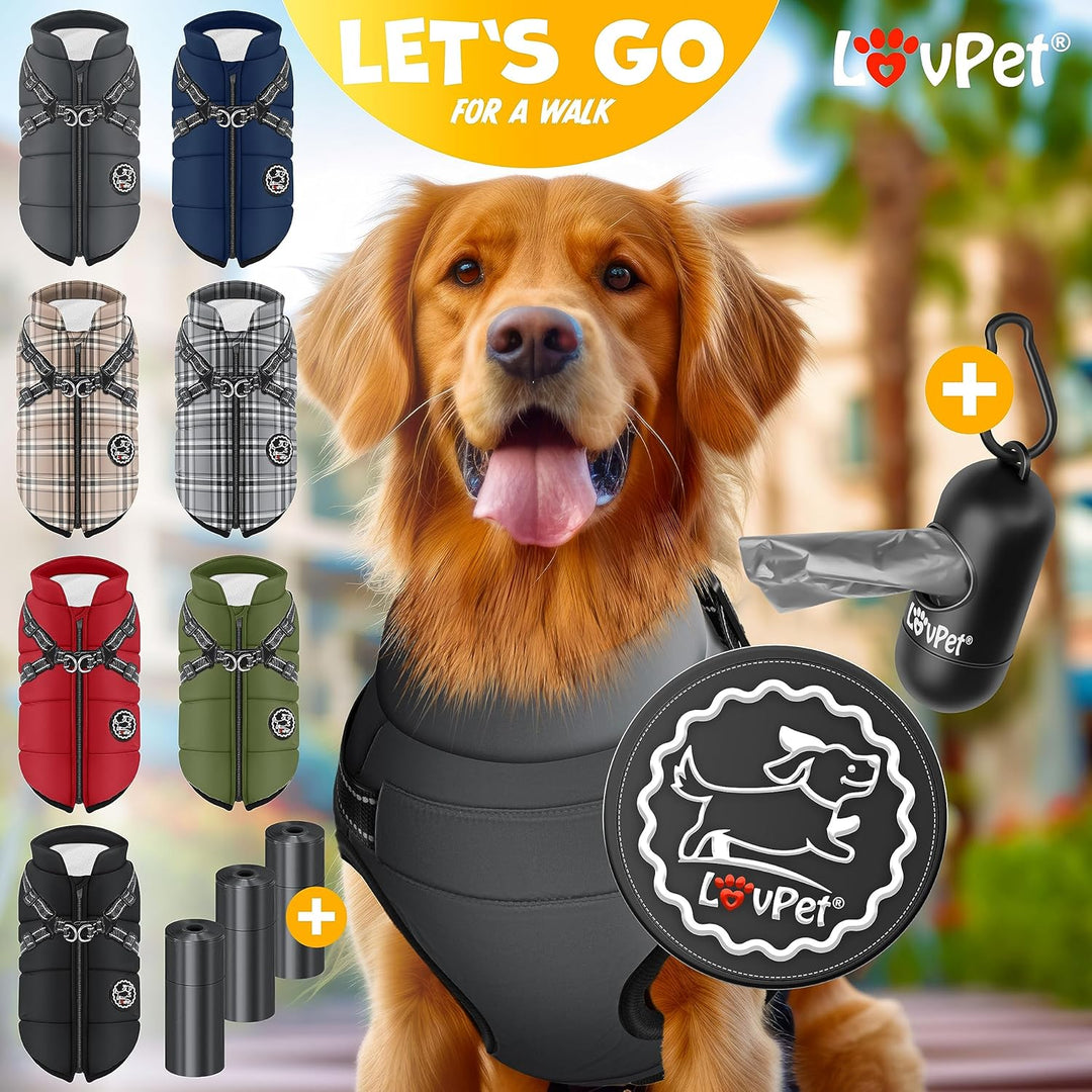 Hundejacke Hundemantel mit Geschirr, inkl. 45 Stück Kotbeutel + Spender, Hunde Winterweste gefüttert