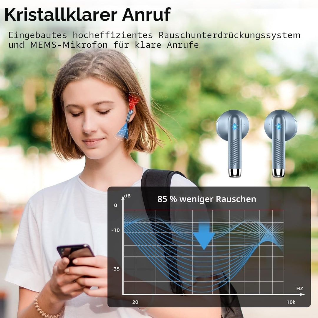 Bluetooth 5.3 Kopfhörer, In Ear Kopfhörer Kabellos mit 4 Mic, 48H Tiefer Bass Spielzeit Wireless Ear