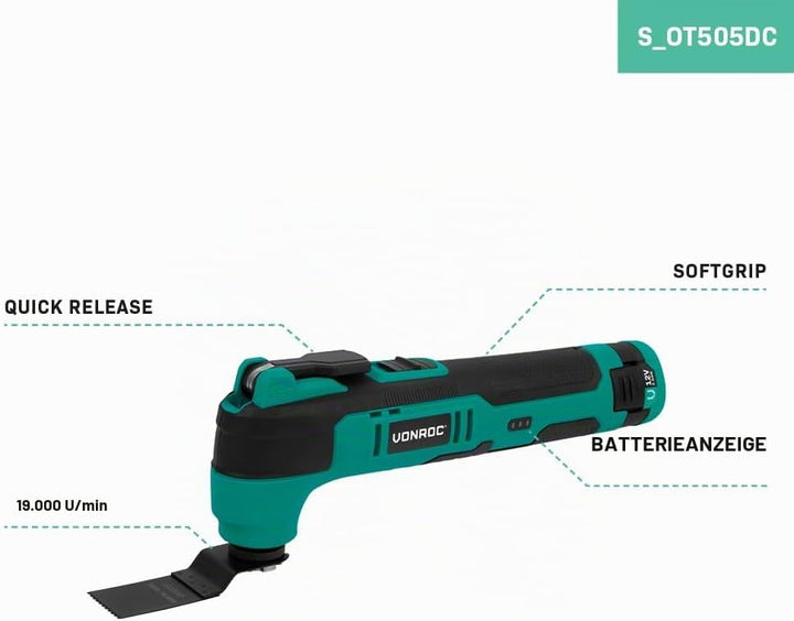 Kabelloses Multitool 12 V – mit Schabblatt, Tauchsäge, Schleifpad und Schleifpapier – Akku und USB-K