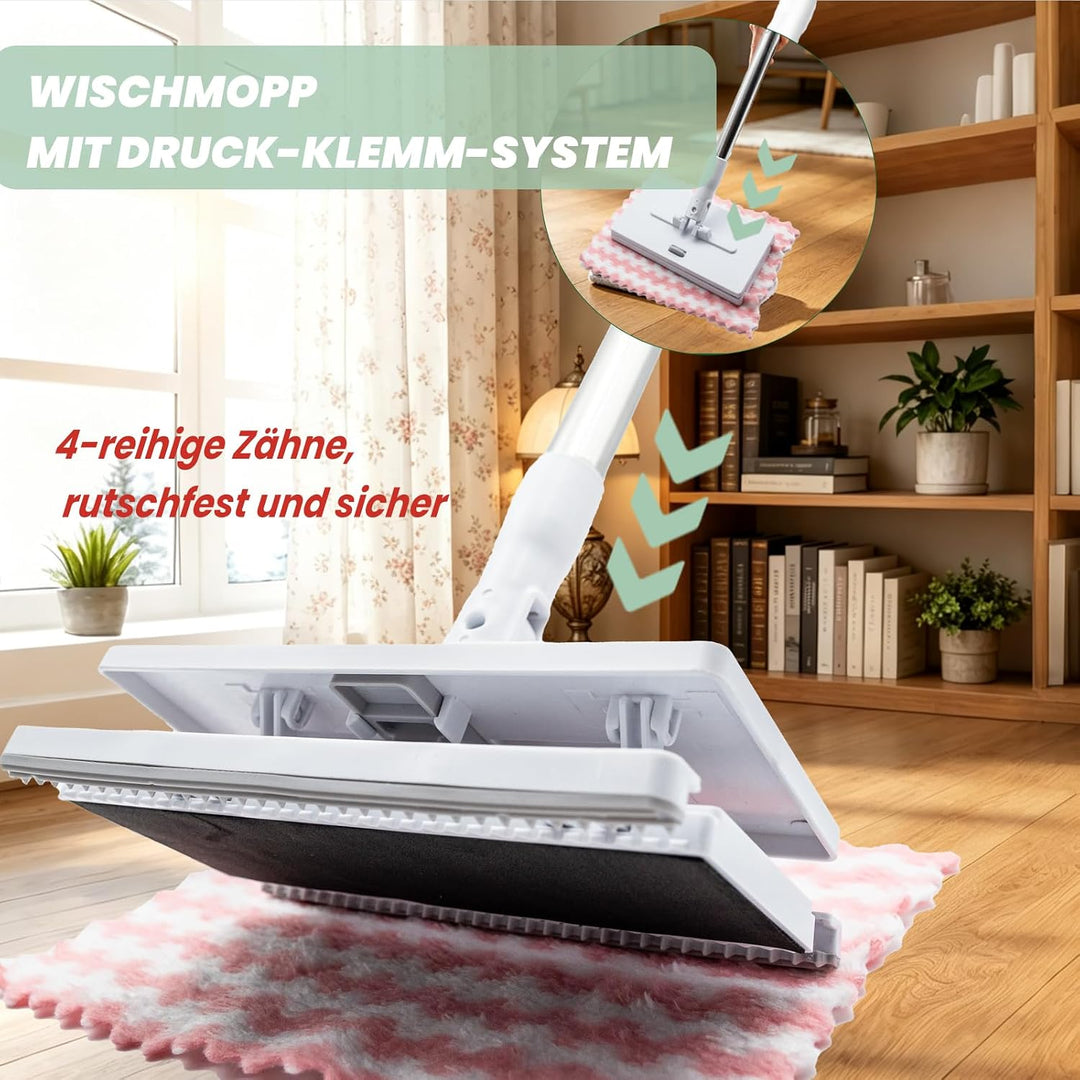 Wischmopp Mini Mopp mit Druck Klemm System, Mini Mop mit Automatischem Tuchwechsel, Bodenwischer Set