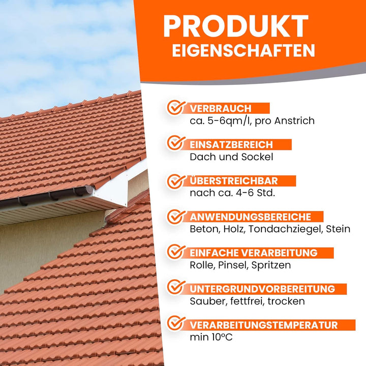 BEKATEQ Dachbeschichtung in Rotbraun 10L Sockelfarbe, Dachfarbe für Dachziegel, Beton, Holz, Eternit