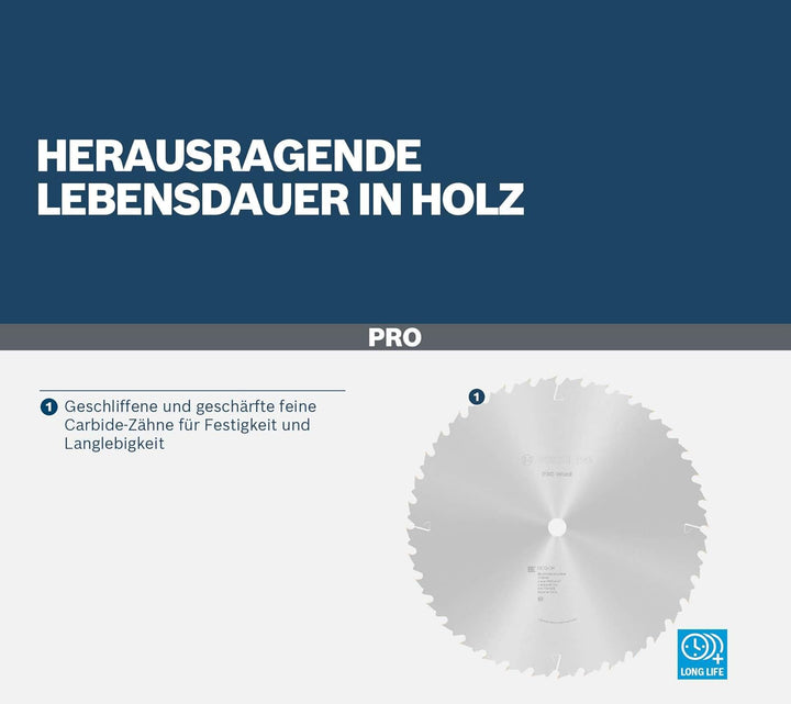 Bosch 1x PRO Wood Longlife Kreissägeblatt für Netz-Tischkreissägen (für Weichholz, Hartholz, Ø mm, P