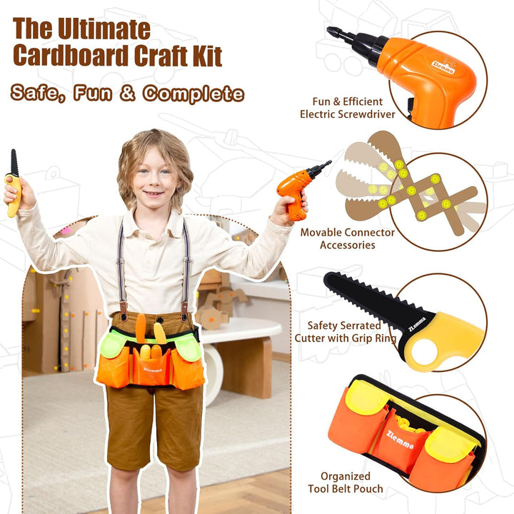 Kinder Karton Baukasten 258-teilig – Werkzeugset mit Bohrer, Sicherheitssäge, Falzroller, Scharniere