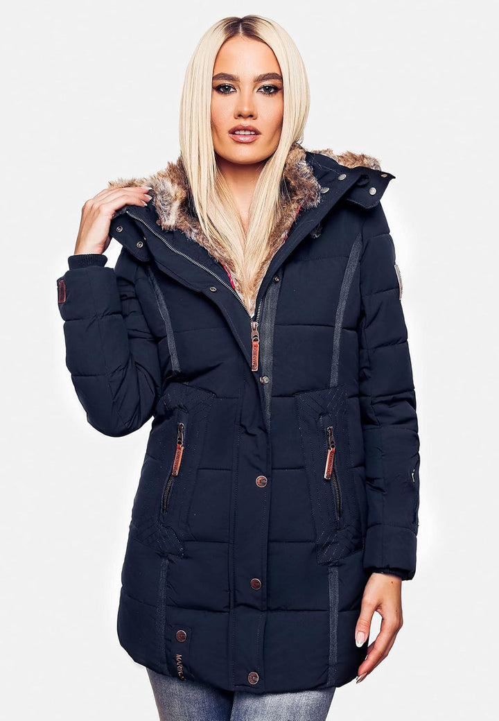 MARIKOO Damen Warmer Winter Steppmantel mit Kapuze Lieblings Jacke XS-XXL M Blau, M Blau