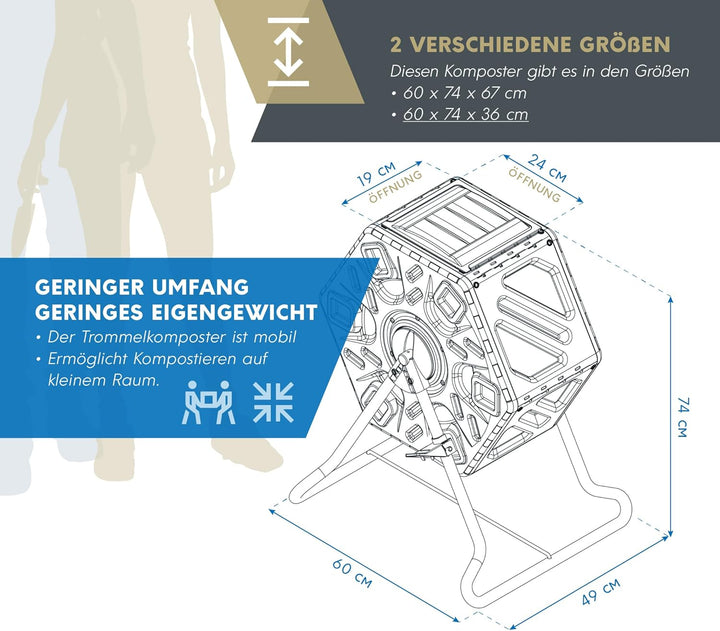 WESTMANN Kunststoff Trommelkomposter Humus | 60 L rotierender Komposter | Mobiler Kompostierer für G