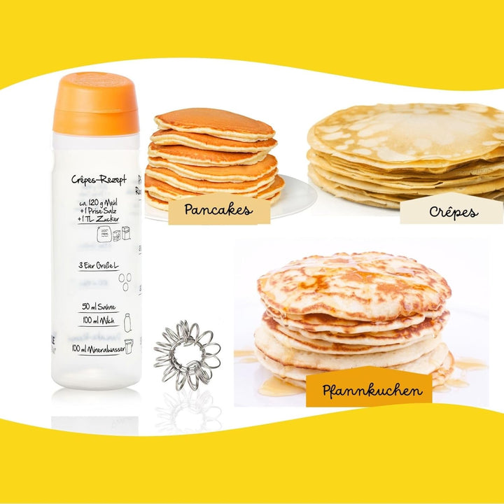 Pfannkuchen-Shaker (875ml, orange) einfach Teig machen und portionieren mit Rezeptaufdruck für Crêpe
