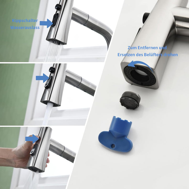 Küchenarmatur Wasserhahn Küche mit Glasspüler, Ausziehbar 3 Strahlarten Grau, Grau