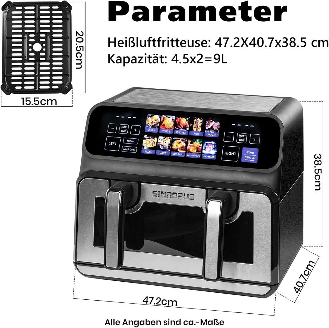 Dual Zone 9L-802TS Heissluftfritteuse, XXL Doppelkammer 2200W Heissluftfritteuse mit Trennwand, LED