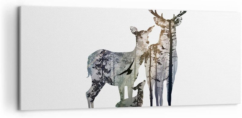 Wandbilder Dekoration Wohnzimmer Deer Familie Wildheit Illustration Bilder auf Leinwand 120x50cm Lei