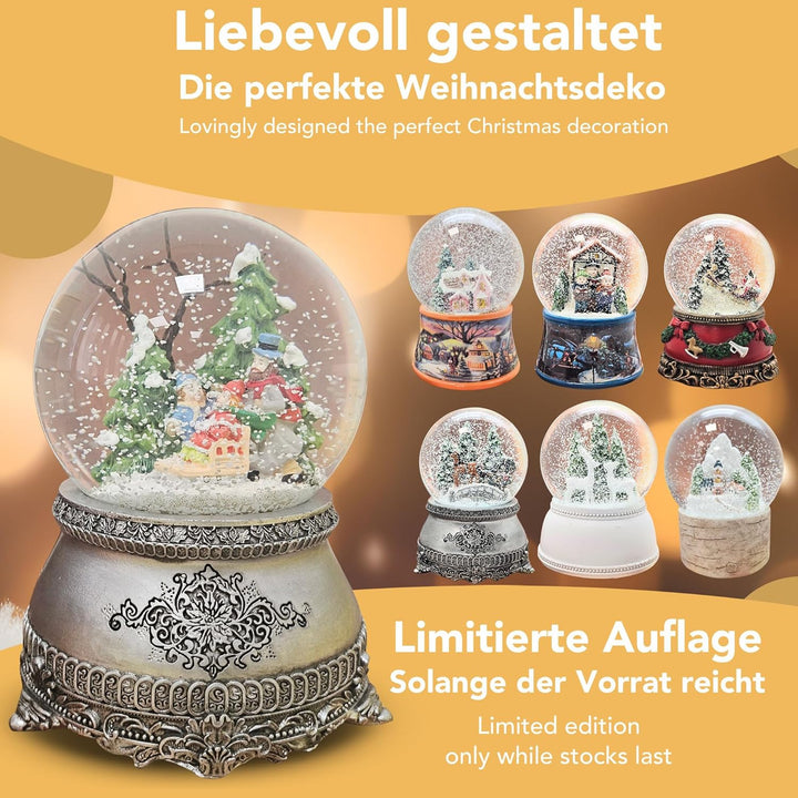 Weihnachts-Schneekugel mit Musik | Schneekugel Winterspaziergang mit Familie | Sockel Zinnoptik Orna