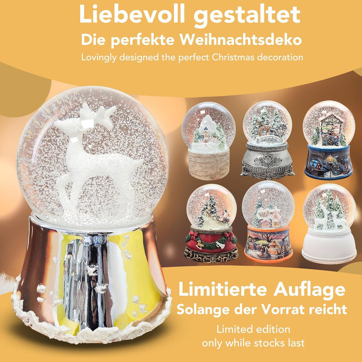 Schneekugel Weihnachten Spieluhr | REH weiss| Sockel Silber glänzend mit Schneeflocken | mit Musik |