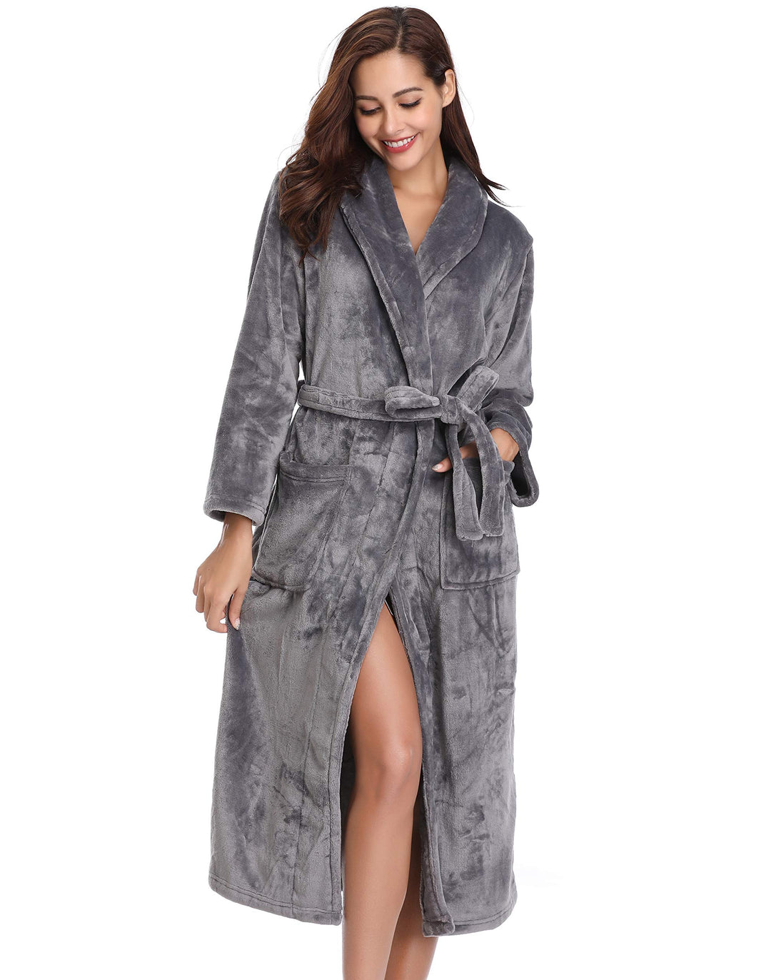 Vlazom Winter Bademantel weicher Flanell Bademantel Damen Saunamantel mit Kapuze Flauschiger Morgenm