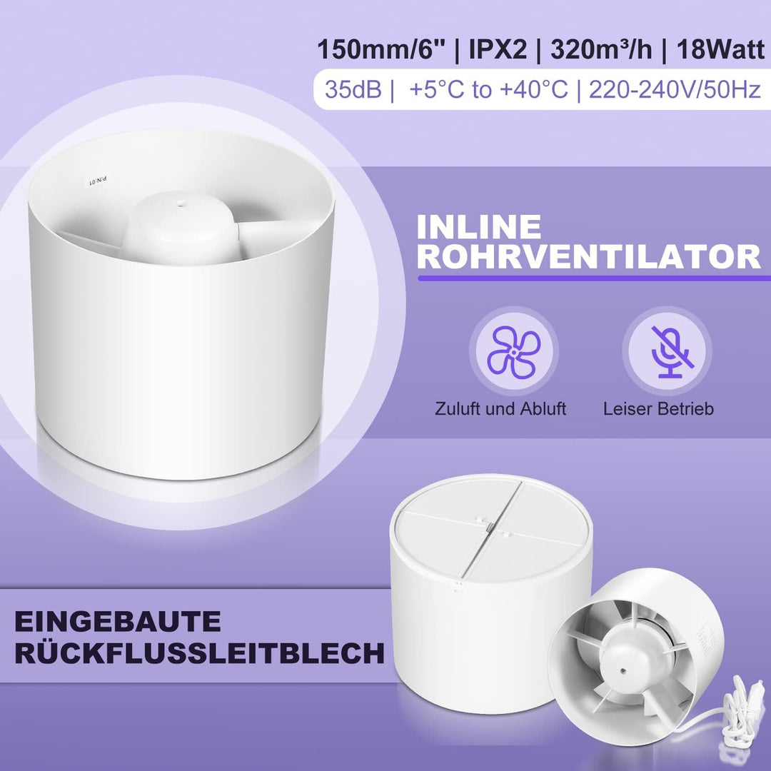 Ikodm Rohrventilator 100 mm Inline Abluftventilator, 150 mm 320 m3/h Rohrlüfter mit Rückstauklappe u