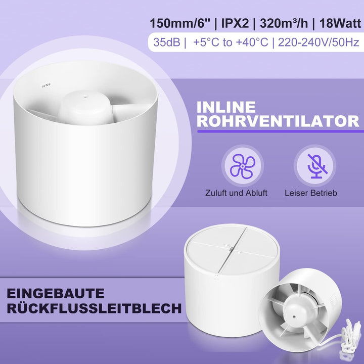 Ikodm Rohrventilator 100 mm Inline Abluftventilator, 150 mm 320 m3/h Rohrlüfter mit Rückstauklappe u