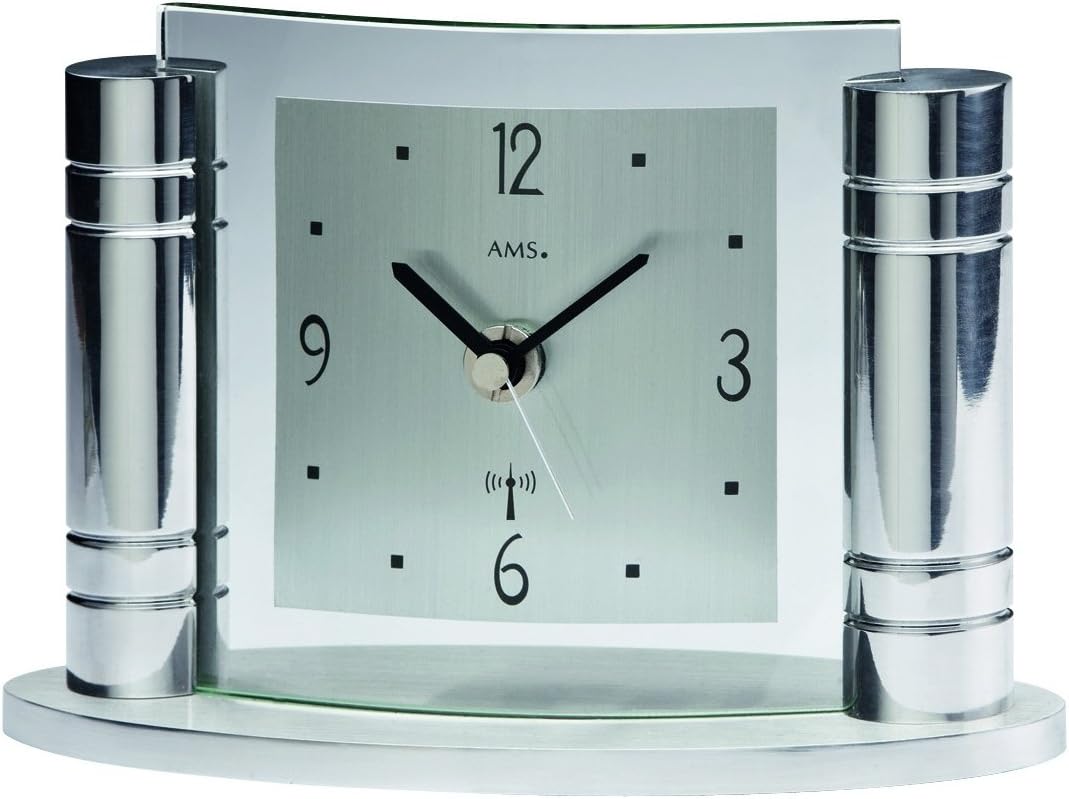 AMS Funk Tischuhr , silberfarbenes Metallgehäuse , Aluminium - Zifferblatt